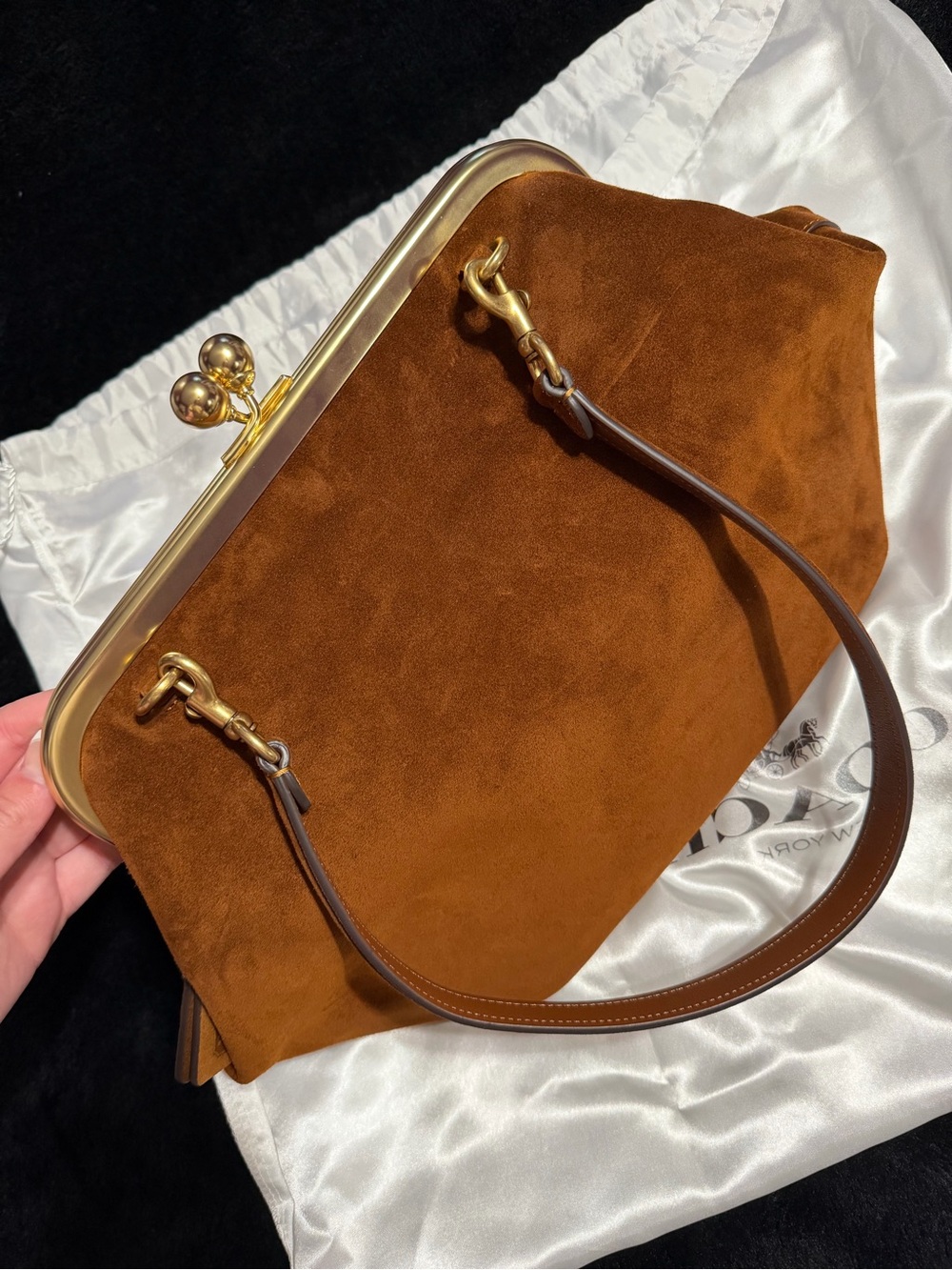 Coach Brown Suede Shoulder Bag with Gold Hardware